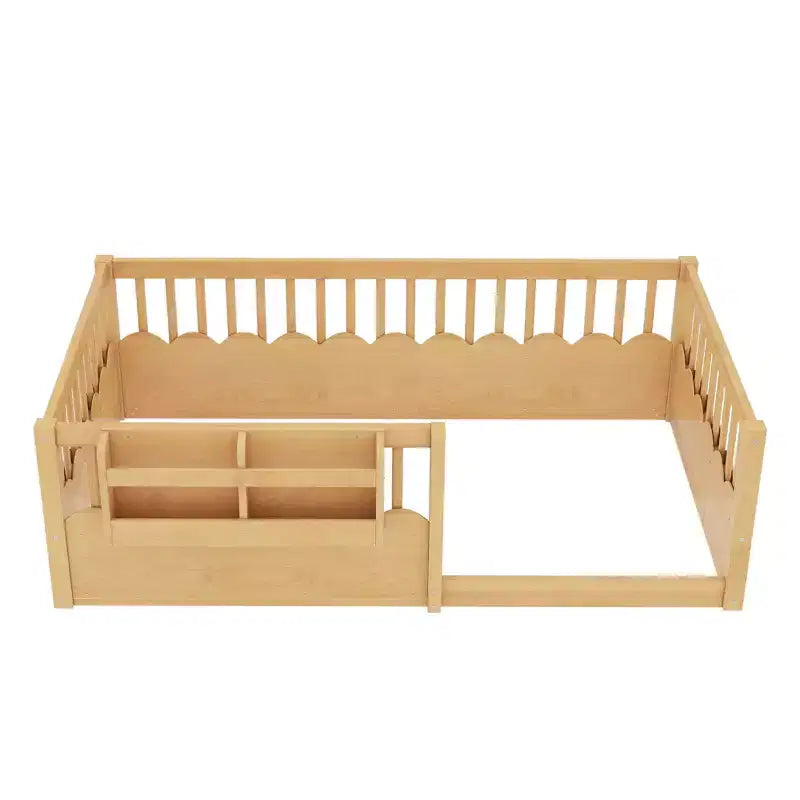 Cama baja para niños con valla elevada y estantería, estructura de cama Montessori de madera doble para niñas y niños