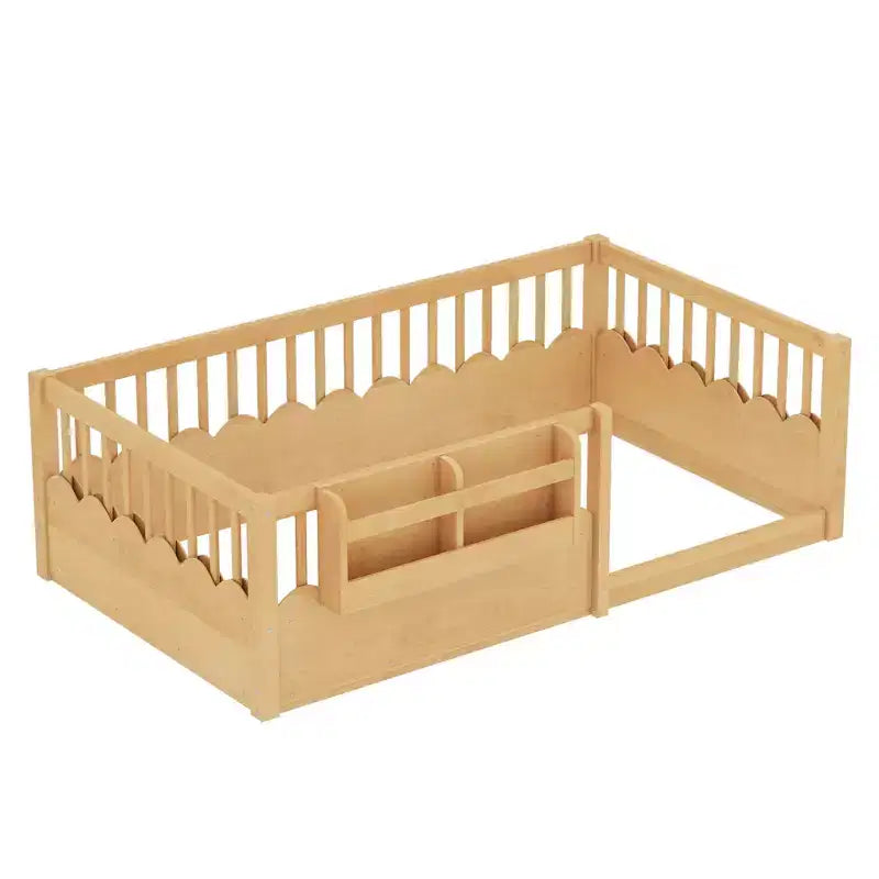 Cama baja para niños con valla elevada y estantería, estructura de cama Montessori de madera doble para niñas y niños