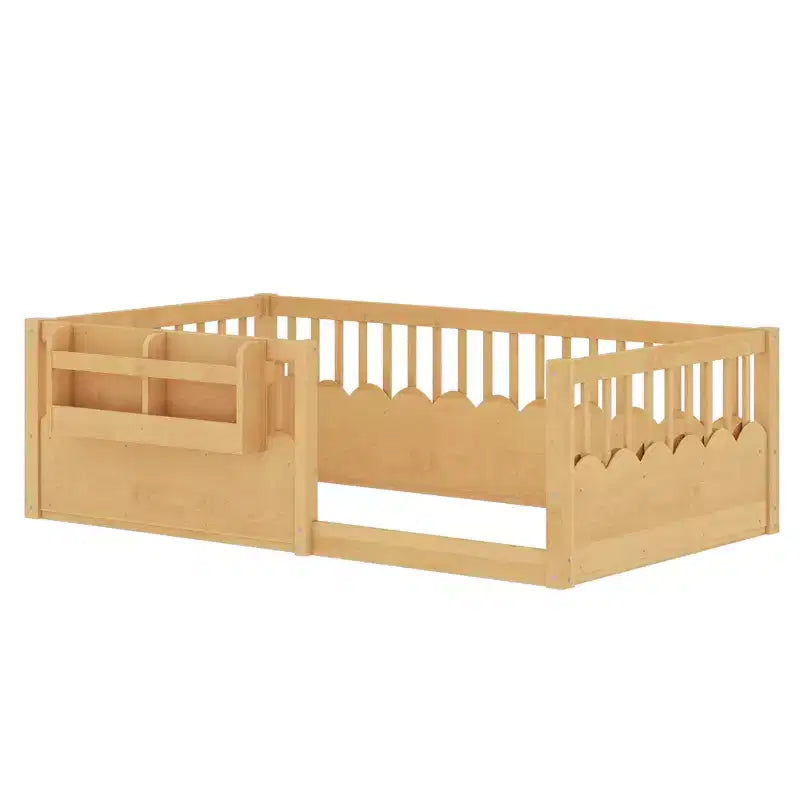 Cama baja para niños con valla elevada y estantería, estructura de cama Montessori de madera doble para niñas y niños