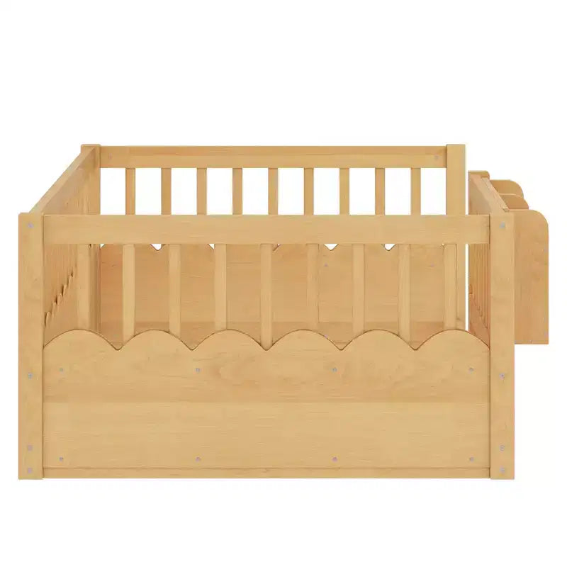 Cama baja para niños con valla elevada y estantería, estructura de cama Montessori de madera doble para niñas y niños