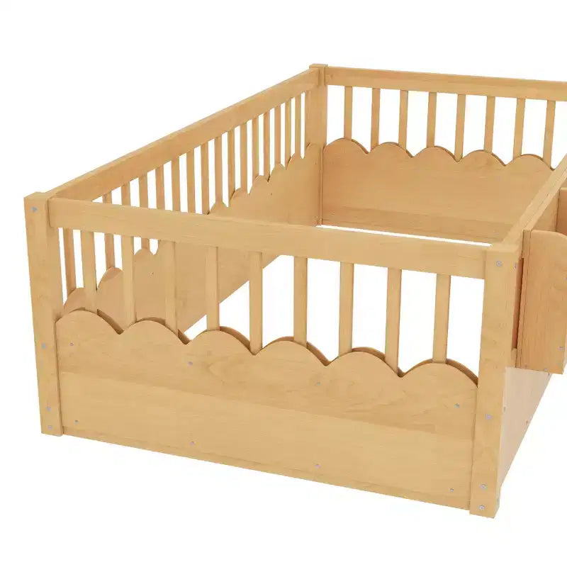 Cama baja para niños con valla elevada y estantería, estructura de cama Montessori de madera doble para niñas y niños