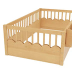 Cama baja para niños con valla elevada y estantería, estructura de cama Montessori de madera doble para niñas y niños