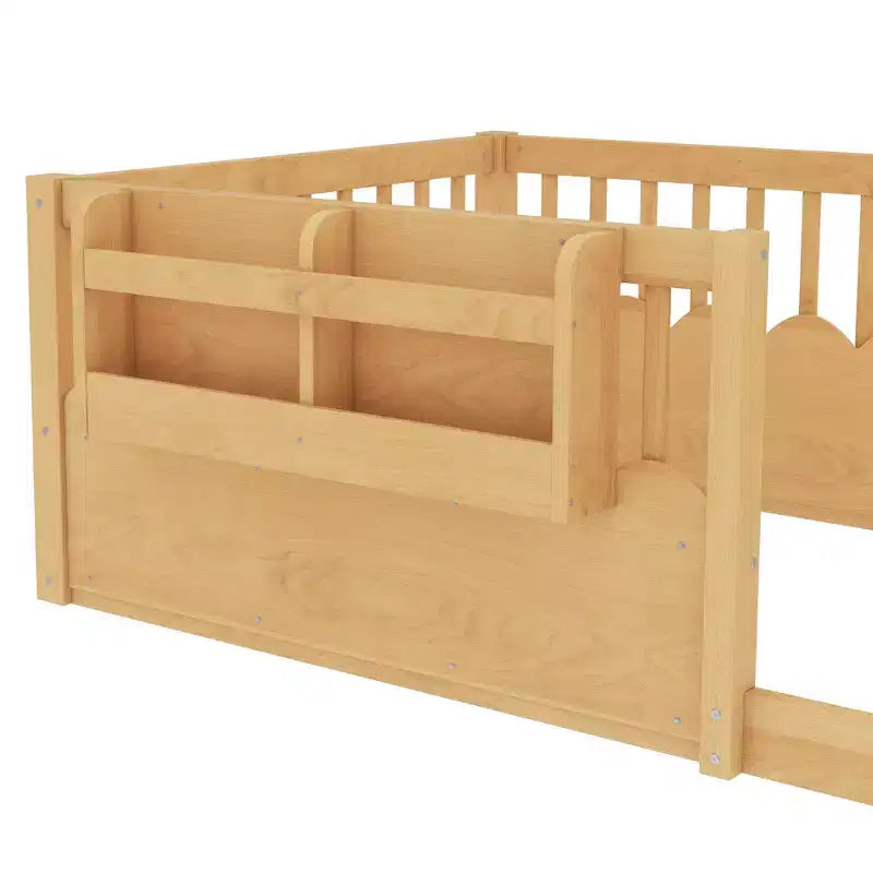 Cama baja para niños con valla elevada y estantería, estructura de cama Montessori de madera doble para niñas y niños