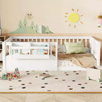 Cama baja para niños con valla elevada y estantería, estructura de cama Montessori de madera doble para niñas y niños