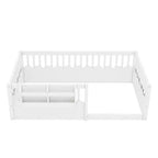 Cama baja para niños con valla elevada y estantería, estructura de cama Montessori de madera doble para niñas y niños