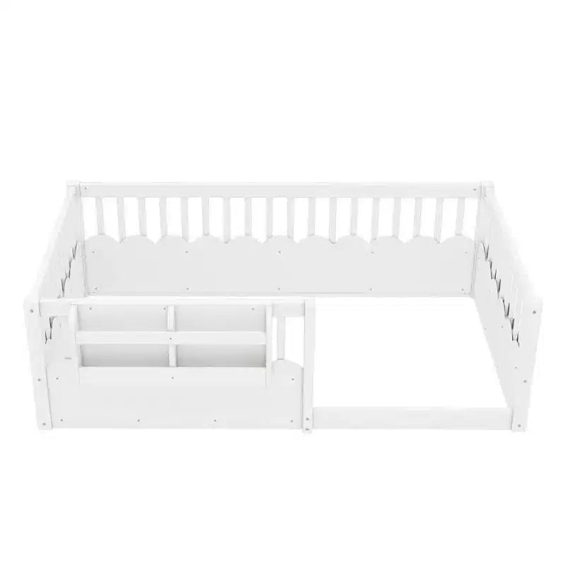 Cama baja para niños con valla elevada y estantería, estructura de cama Montessori de madera doble para niñas y niños