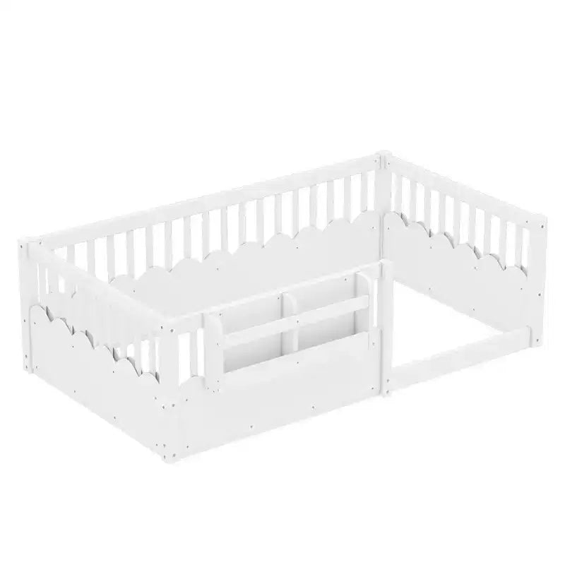 Cama baja para niños con valla elevada y estantería, estructura de cama Montessori de madera doble para niñas y niños
