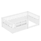 Cama baja para niños con valla elevada y estantería, estructura de cama Montessori de madera doble para niñas y niños