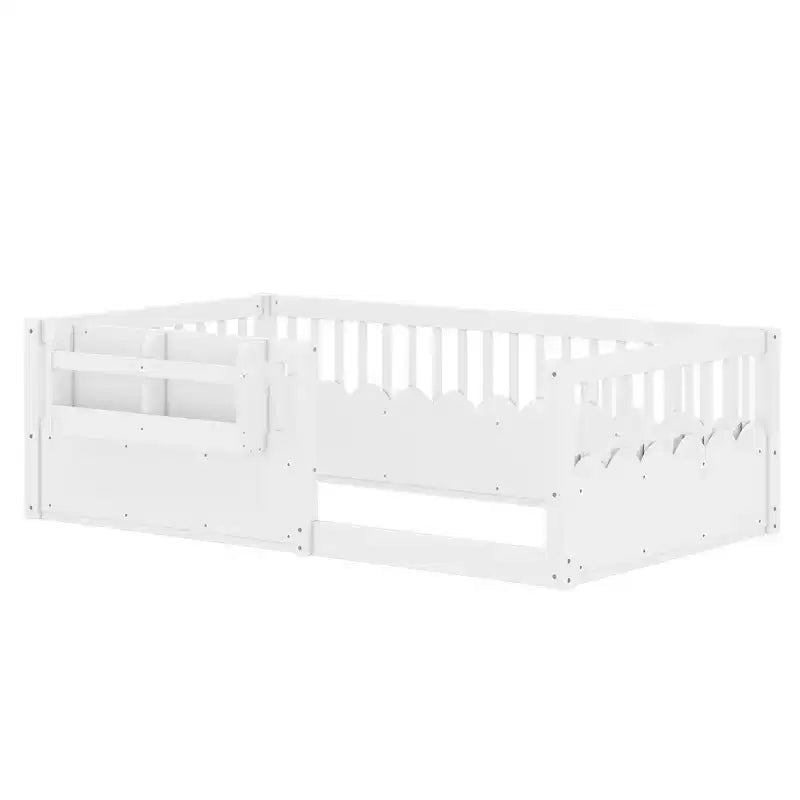 Cama baja para niños con valla elevada y estantería, estructura de cama Montessori de madera doble para niñas y niños