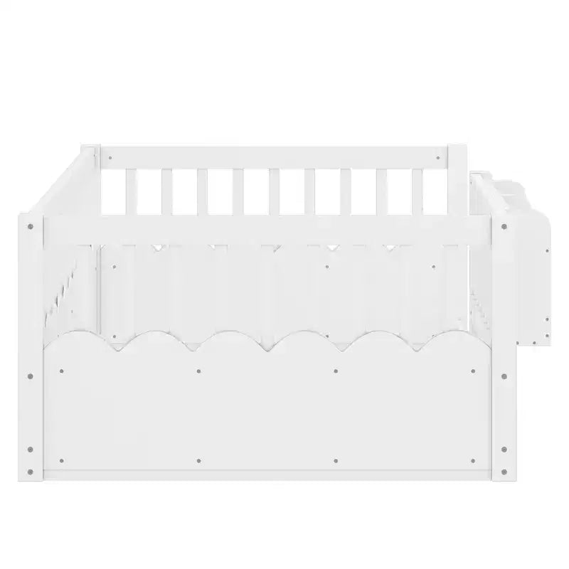 Cama baja para niños con valla elevada y estantería, estructura de cama Montessori de madera doble para niñas y niños