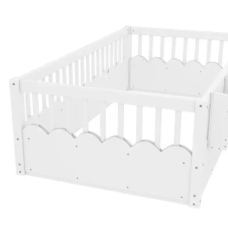 Cama baja para niños con valla elevada y estantería, estructura de cama Montessori de madera doble para niñas y niños