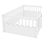 Cama baja para niños con valla elevada y estantería, estructura de cama Montessori de madera doble para niñas y niños