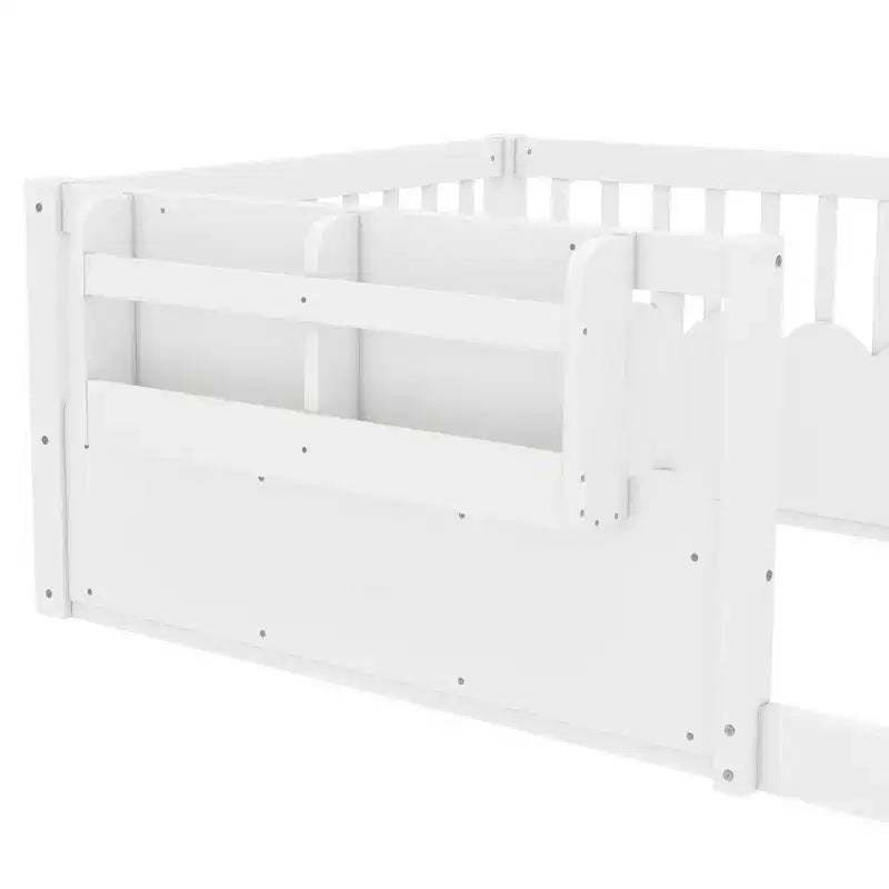Cama baja para niños con valla elevada y estantería, estructura de cama Montessori de madera doble para niñas y niños