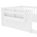 Cama baja para niños con valla elevada y estantería, estructura de cama Montessori de madera doble para niñas y niños