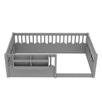 Cama baja para niños con valla elevada y estantería, estructura de cama Montessori de madera doble para niñas y niños