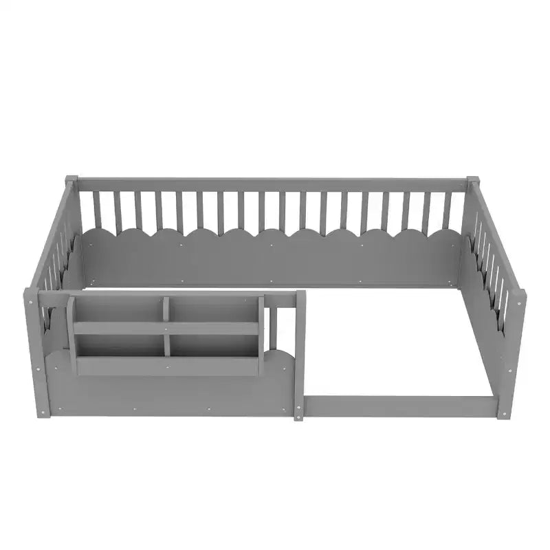 Cama baja para niños con valla elevada y estantería, estructura de cama Montessori de madera doble para niñas y niños