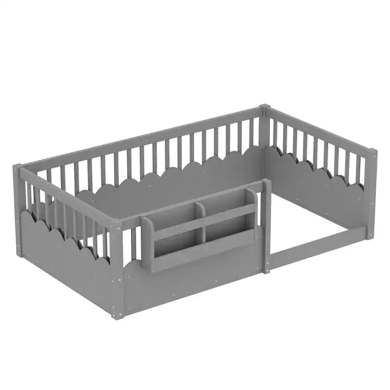 Cama baja para niños con valla elevada y estantería, estructura de cama Montessori de madera doble para niñas y niños