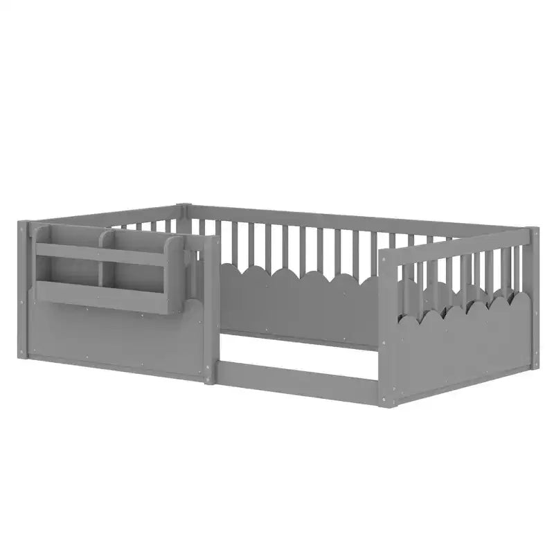 Cama baja para niños con valla elevada y estantería, estructura de cama Montessori de madera doble para niñas y niños