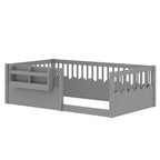 Cama baja para niños con valla elevada y estantería, estructura de cama Montessori de madera doble para niñas y niños