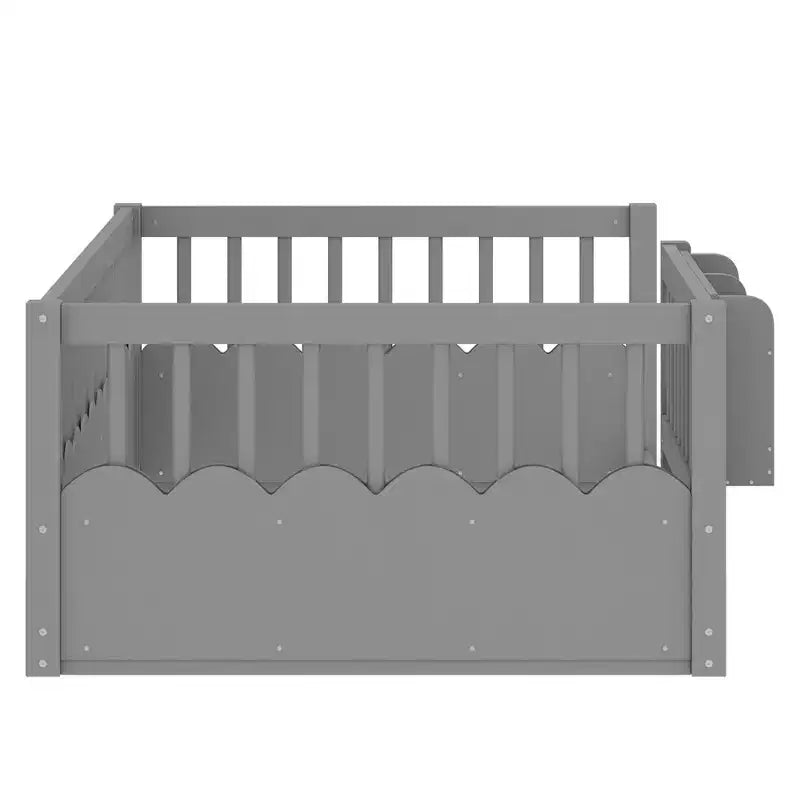 Cama baja para niños con valla elevada y estantería, estructura de cama Montessori de madera doble para niñas y niños