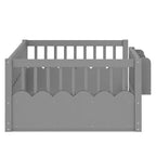 Cama baja para niños con valla elevada y estantería, estructura de cama Montessori de madera doble para niñas y niños