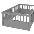Cama baja para niños con valla elevada y estantería, estructura de cama Montessori de madera doble para niñas y niños