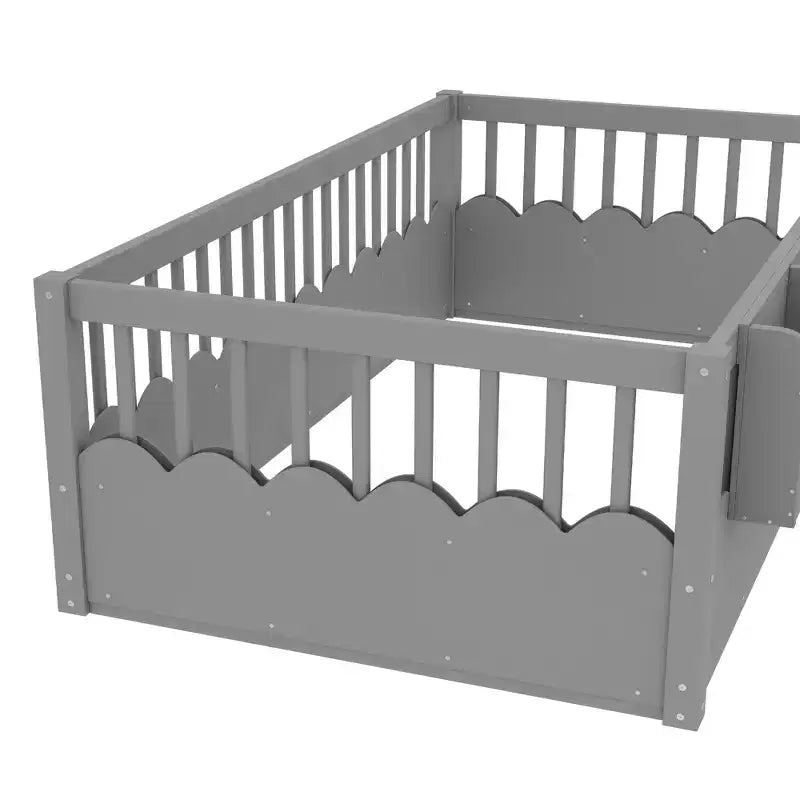 Cama baja para niños con valla elevada y estantería, estructura de cama Montessori de madera doble para niñas y niños