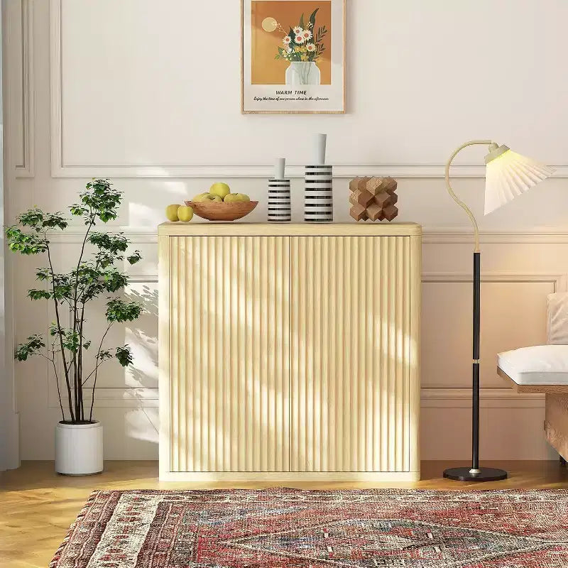 Fluted Sideboard Buffet Cabinet, 34.6in Wide Wooden Cupboard Storage Cabinet with Adjustable Shelves for Kitchen Dining Living Room