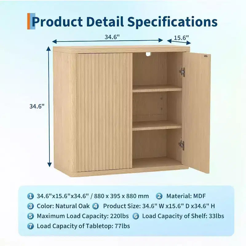 Aparador tipo bufé acanalado, gabinete de almacenamiento de madera de 34.6 pulgadas de ancho con estantes ajustables para cocina, comedor y sala de estar