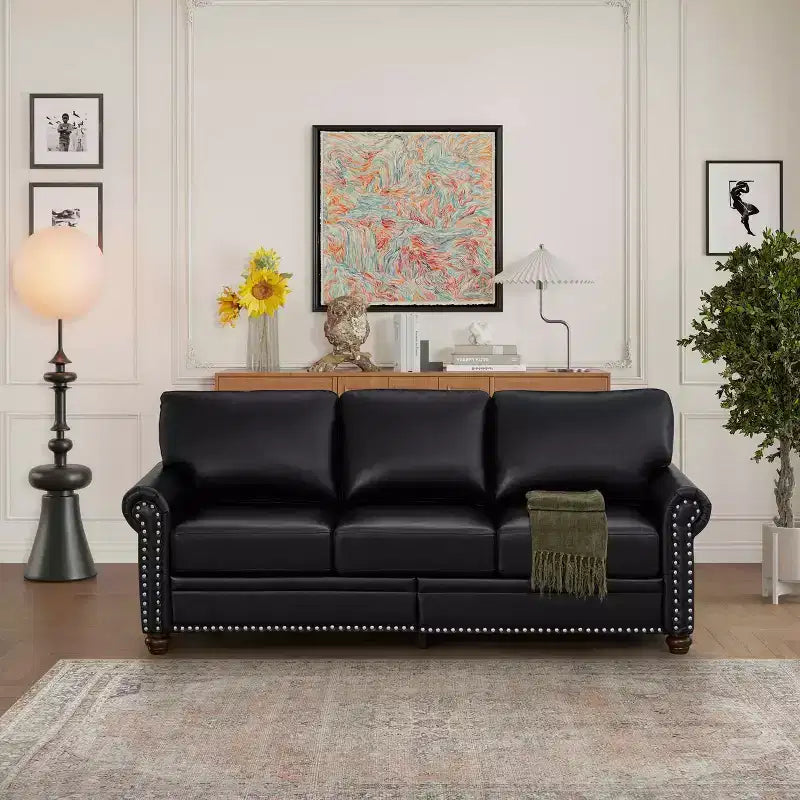 MAYEERTY Sturdy Sofa with Silver Nail Decoration 2 Removable Storage Silver Nail PU Upholstery for Living Room Office Black