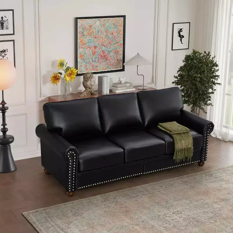 Sofá Resistente con Decoración de Tachuelas Plateadas, 2 Almacenamientos Extraíbles, Tapizado de PU con Tachuelas Plateadas para Sala de Estar u Oficina, Negro