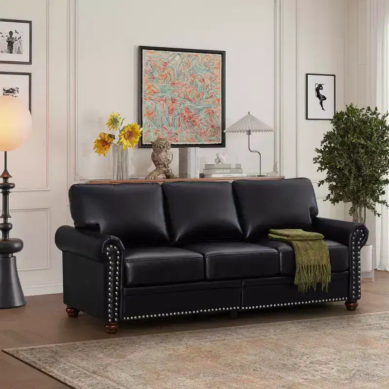 Sofá Resistente con Decoración de Tachuelas Plateadas, 2 Almacenamientos Extraíbles, Tapizado de PU con Tachuelas Plateadas para Sala de Estar u Oficina, Negro