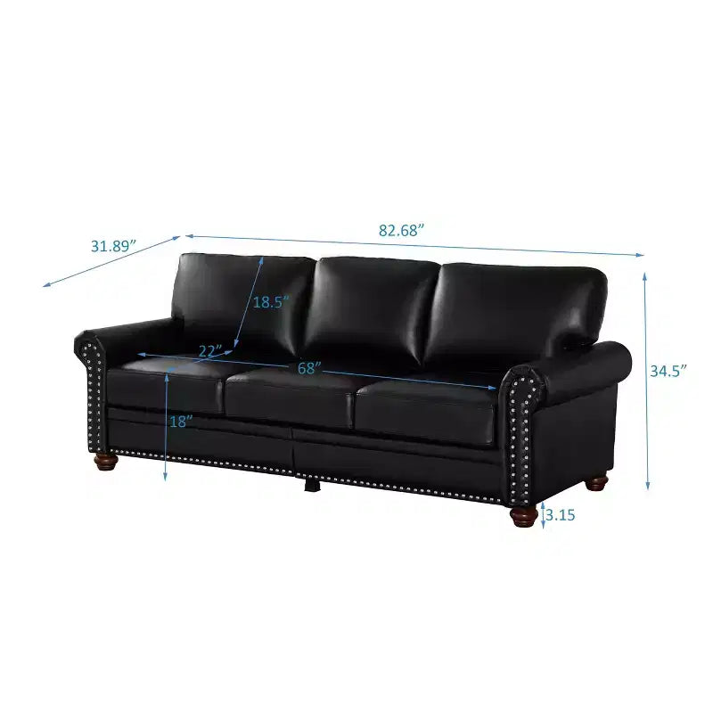 Sofá Resistente con Decoración de Tachuelas Plateadas, 2 Almacenamientos Extraíbles, Tapizado de PU con Tachuelas Plateadas para Sala de Estar u Oficina, Negro