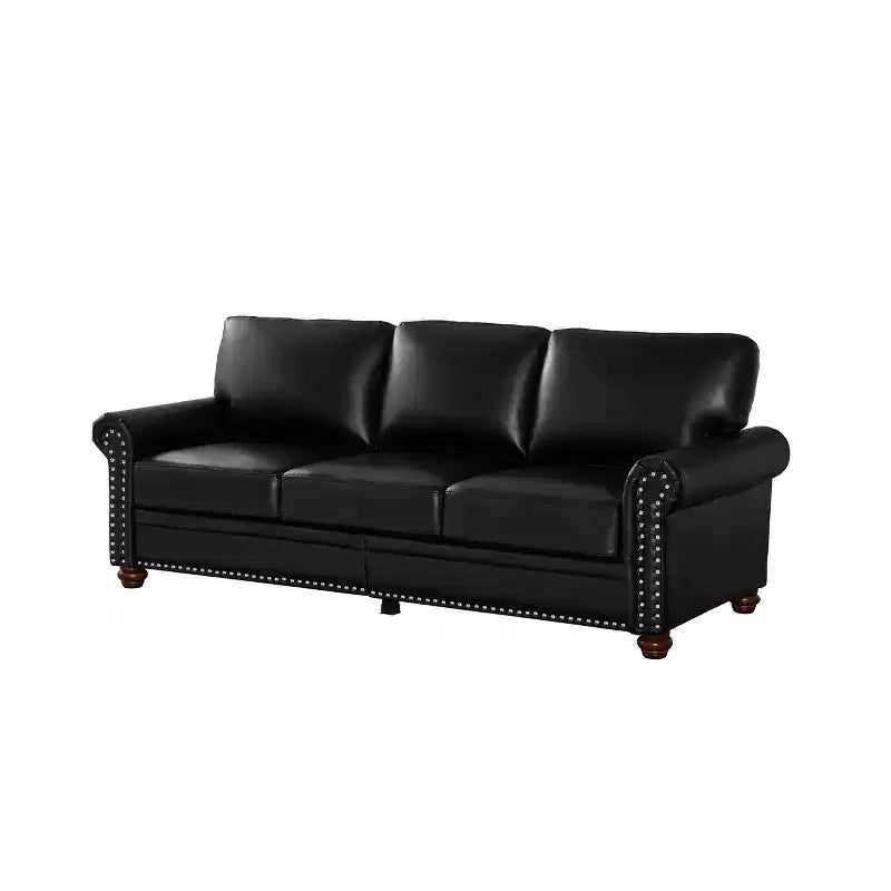 Sofá Resistente con Decoración de Tachuelas Plateadas, 2 Almacenamientos Extraíbles, Tapizado de PU con Tachuelas Plateadas para Sala de Estar u Oficina, Negro