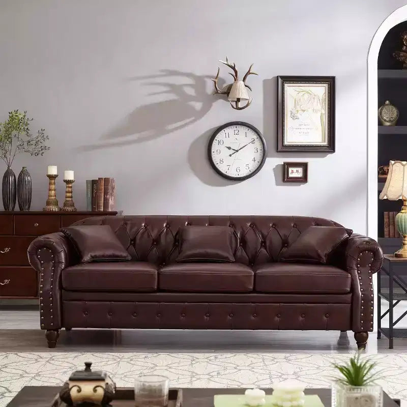 MAYEERTY 85.8 Living Room Chesterfield Sofa Classic Tufted Design Faux Leather PU Upholstered Sofa with Storage Burgundy