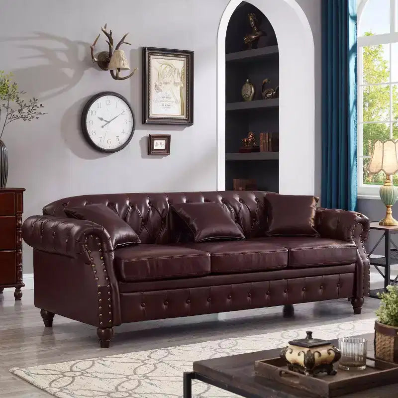 85.8 Sofá Chesterfield para Sala de Estar Diseño Clásico Capitón Sofá Tapizado en Piel Sintética de PU con Almacenamiento Color Borgoña