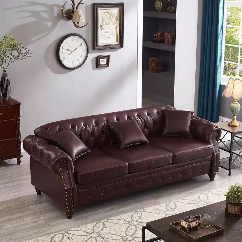 85.8 Sofá Chesterfield para Sala de Estar Diseño Clásico Capitón Sofá Tapizado en Piel Sintética de PU con Almacenamiento Color Borgoña
