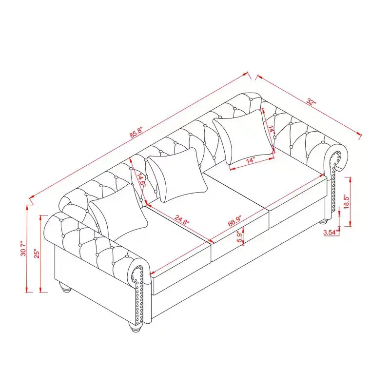 85.8 Sofá Chesterfield para Sala de Estar Diseño Clásico Capitón Sofá Tapizado en Piel Sintética de PU con Almacenamiento Color Borgoña