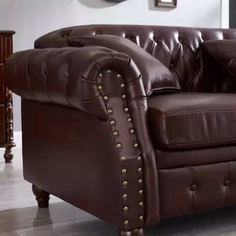 85.8 Sofá Chesterfield para Sala de Estar Diseño Clásico Capitón Sofá Tapizado en Piel Sintética de PU con Almacenamiento Color Borgoña