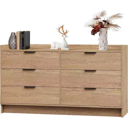 52.5 Inch Wide 6-Drawer Dresser, Light Tone with Metal Handles, for Bedroom and Living Room, Easy Assembly