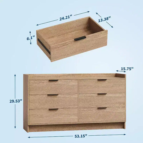 Cómoda de 6 cajones de 52.5 pulgadas de ancho, tono claro con tiradores de metal, para dormitorio y sala de estar, fácil montaje