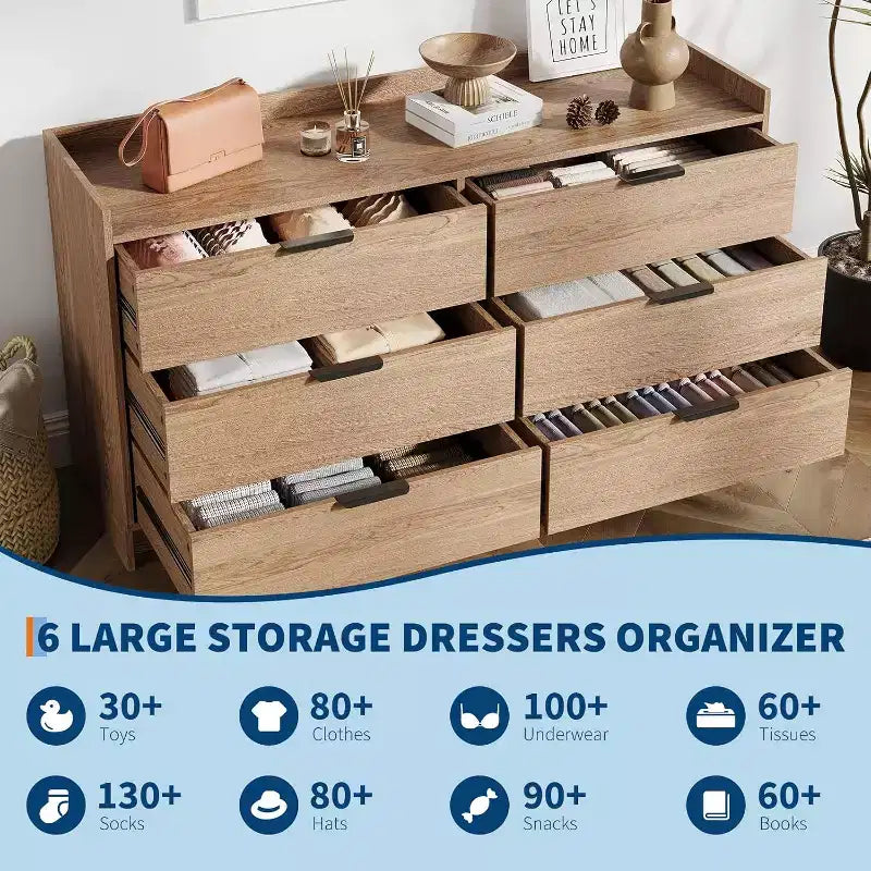 Cómoda de 6 cajones de 52.5 pulgadas de ancho, tono claro con tiradores de metal, para dormitorio y sala de estar, fácil montaje