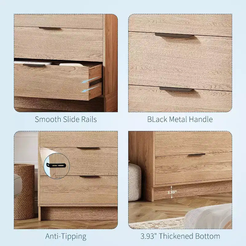 Cómoda de 6 cajones de 52.5 pulgadas de ancho, tono claro con tiradores de metal, para dormitorio y sala de estar, fácil montaje