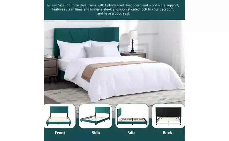 Elegante base de cama Queen con cabecero tapizado y soporte de listones, cama de madera clásica para dormitorio principal