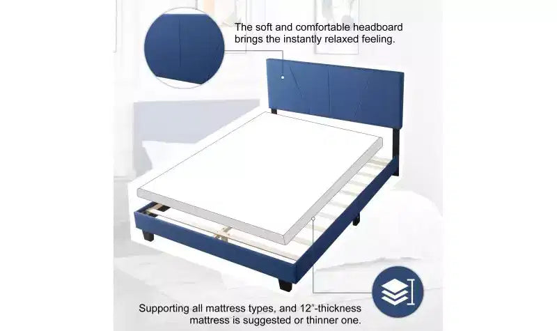 Elegante base de cama Queen con cabecero tapizado y soporte de listones, cama de madera clásica para dormitorio principal