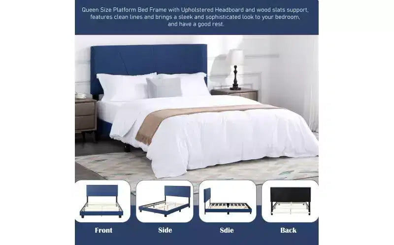 Elegante base de cama Queen con cabecero tapizado y soporte de listones, cama de madera clásica para dormitorio principal
