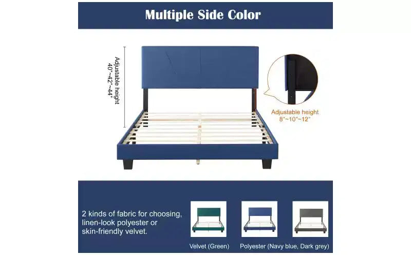 Elegante base de cama Queen con cabecero tapizado y soporte de listones, cama de madera clásica para dormitorio principal