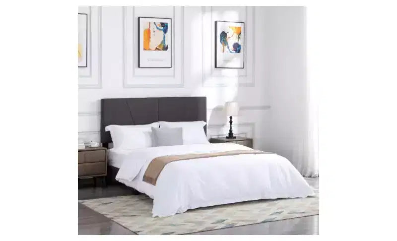 Elegante base de cama Queen con cabecero tapizado y soporte de listones, cama de madera clásica para dormitorio principal