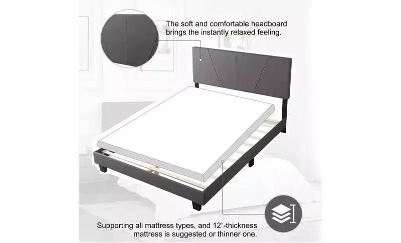 Elegante base de cama Queen con cabecero tapizado y soporte de listones, cama de madera clásica para dormitorio principal