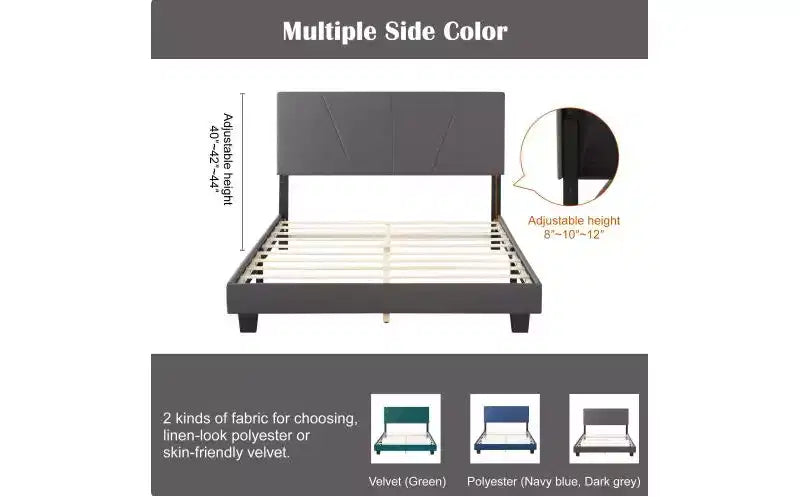 Elegante base de cama Queen con cabecero tapizado y soporte de listones, cama de madera clásica para dormitorio principal